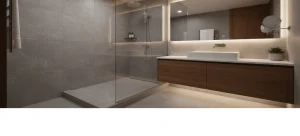 Hotel bathroom with inaccessible shower and sink