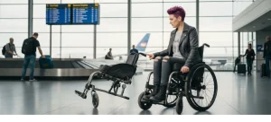 Femail in an airline wheelchair sat next to her broken wheelchair at an airport